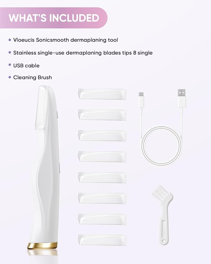 Sonic Dermaplaning Tool for Women Face, Electric Dermaplane Razor with LED Light, 2-in-1 Peach Fuzz & Dead Skin Remover, 3-Speed Facial Exfoliating Tool with 8 Replacement Blades (White)
