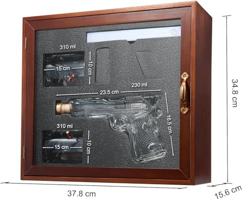 The Wine Savant Pistol & Bullet Shot Glasses Hanging Wall Display Case With Light - 7.7 Pistol Gun Decanter & 10oz Glassware - Military, Veteran Gifts, Law Enforcement Home Bar, Drinking Accessories