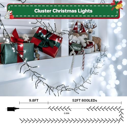 Christmas Cluster Lights Plug-in 52FT 800LEDs String Lights Indoor Outdoor