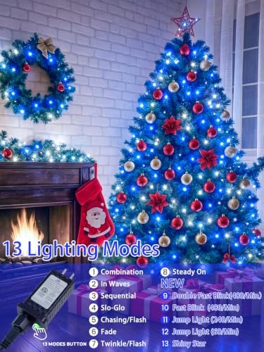 2 Pack 200 LED Christmas Lights 13 Modes Extendable Christmas Tree Lights