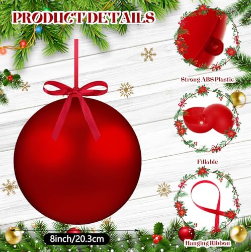 Weysat Extra Large Christmas Hanging Ornaments Oversized Plastic Balls for Outside Lawn Yard Tree Hanging Decorations(Red,8 Inch)