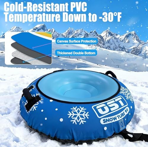 OST Inflatable Snow Tubes for Kids & Adults, Heavy Duty Snow Sled with Premium Canvas Cover, Smooth Bottom, Cold-Resistant PVC, Outdoor Sled Toys for Winter Fun