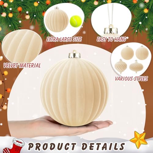 Civaner 4 Pcs Large Velvet Christmas Ball,6 Inch,Beige