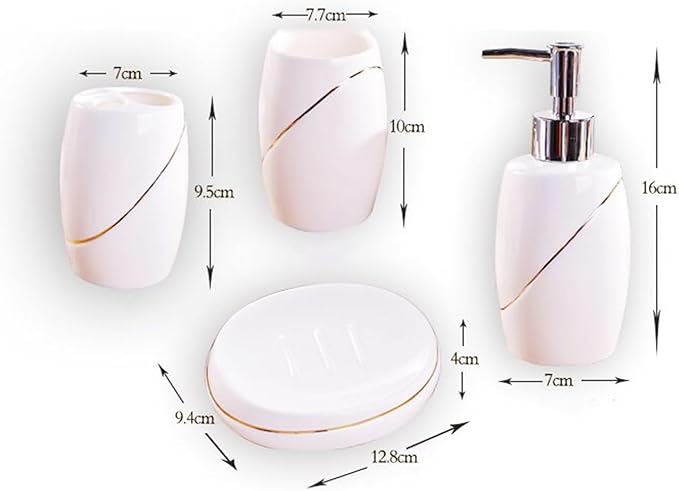 Soap Dispenser Set White, Set of 5 Bathroom Accessories, with 2 Toothbrush Cups, Soap Dish, Toothbrush Cup, Ceramic Soap Dispenser, for Bathrooms, Apartments, Dormitories,White Gold