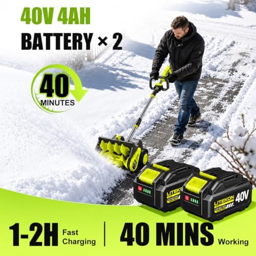 Litekon 80V Brushless Cordless Snow Shovel, 18-Inch Electric Snow Blower with 2X 4.0Ah Batteries Snow Removal with 30FT Throw Distance for Patio, Deck, Driveway,Green