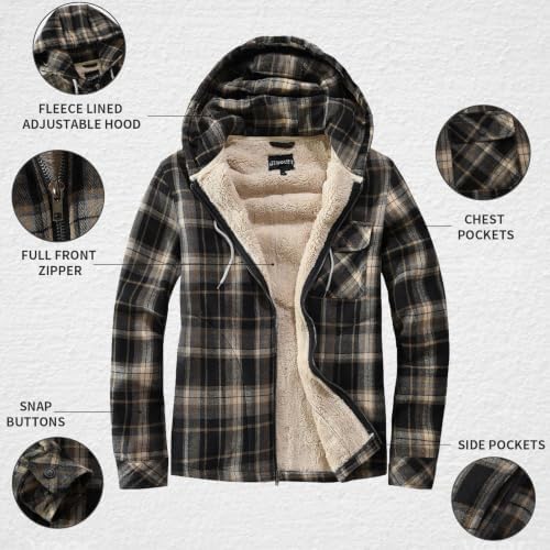 Elesuit Men's Full Zip Fleece Flannel Jacket Shirt Plaid Cotton Hoodie Coat