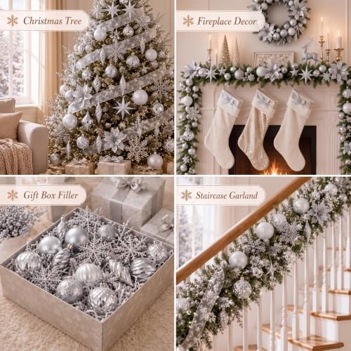 CroBlissful 118 Pcs Christmas Tree Ornaments Set Including Ornaments Balls, Hanging Snowflakes Icicle, Mesh Ribbon, Tree Top Star, Flower, Berries Stems for Xmas Trees Holiday Decor(Silver)