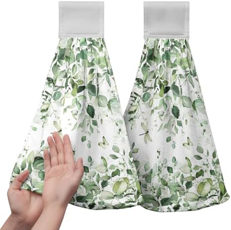 Eucalyptus Leaves Hanging Hand Towels Sage Green Leaf Kitchen Towels with Hanging Loop Spring Summer Floral Farmhouse Greenery Tea Dish Towels Soft Absorbent Fingertip Bath Tie Towels for Bathroom