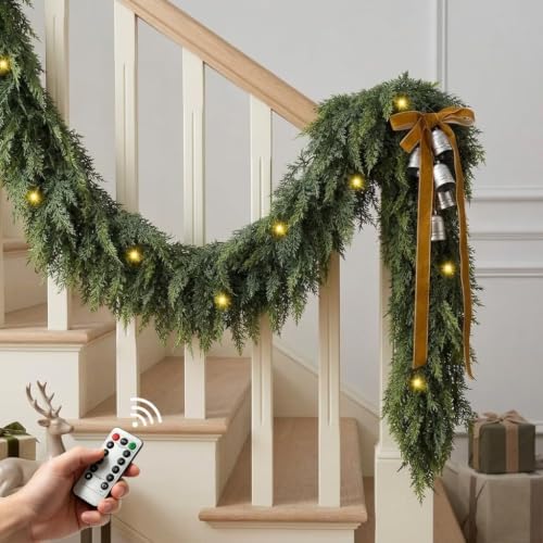 9FT 2Pcs Christmas Cedar Garland with Lights Realistic Faux Pine Garlands