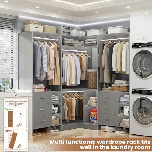 Aheaplus Closet System with 6 Drawers, 4 Hanging Rods & Corner Tower, Corner Closet System with Hanging,92.6" L-Shaped Walk-In Wardrobe Organizer, 2000+ lbs Capacity, Set of 3, Grey