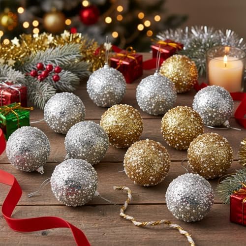 Lyrow 24 Pcs 4" Christmas Ball, Champagne Gold,Silver
