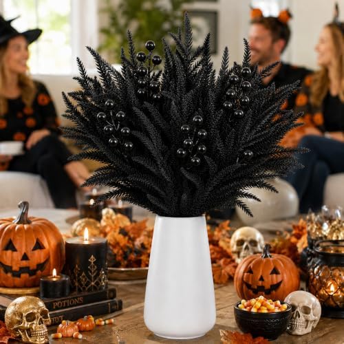 45 Pcs Halloween Black Norfolk Pine Branches, Faux Black Stems Centerpieces