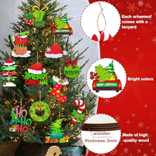12 Piece Christmas Tree Decorations Set, Wooden Christmas Ornaments Bulk