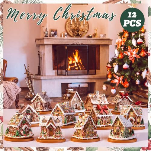 Leinuosen 12 Pcs Gingerbread Christmas Table Decoration Gingerbread House Tiered Tray Decor Wooden Ginger Bread Village Centerpiece Farmhouse Xmas Decor for Home Kitchen Coffee Bar Shelf Indoor