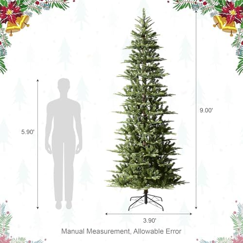 Glitzhome 9ft Prelit Christmas Tree, Cascade Evergreen Slim Fir Artificial Christmas Tree with 500 Strawberry Lights,1468 PE&PVC Branch Tips, 9 Functional Warm White/Multi-Color, Remote Controller
