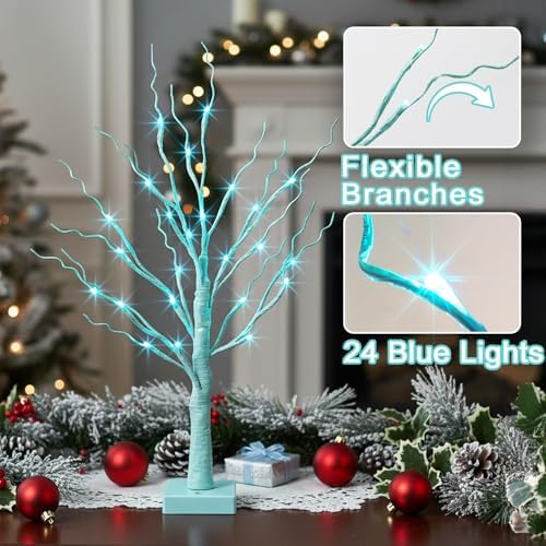 PEIDUO Blue-Green Trees Decor for Home, 2PK Tree Light Battery Powered Timer, Lighted Christmas Decorations Indoor, for Home Bedroom Living Room Fireplace Wedding Party New Year's Day and Christmas