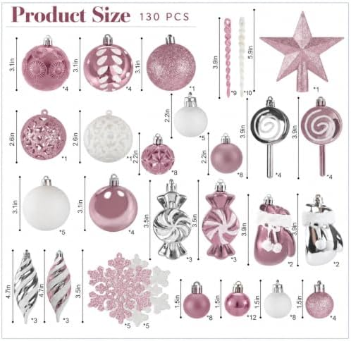 130 Pcs Christmas Ball Ornaments, Christmas Tree Decoration Set Red Christmas Ball Shatterproof Hanging Ornament Decorations for Christmas Tree, Wreaths, and Outdoor Displays (Pink)