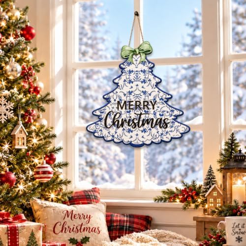 Chinoiserie Christmas Decorations Blue Floral Christmas Tree Wooden Sign