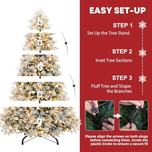 Hykolity 12 ft Prelit Snow Flocked Christmas Tree, 850 Color Changing LED Lights, Artificial Christmas Pine Tree with Red Berries, 4640 PE&PVC Branch Tips, Metal Stand and Hinged Branches, 10 Modes