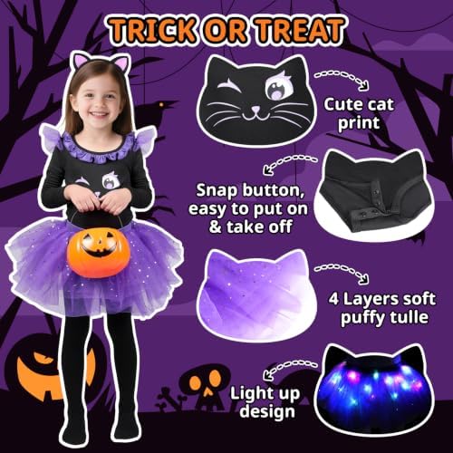 GIFTINBOX Black Halloween Cat Costume for Girls, Light Up Outfit Kids 3-8