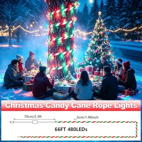Christmas Candy Cane Lights, 66ft White & Red & Geeen Christmas Rope Lights