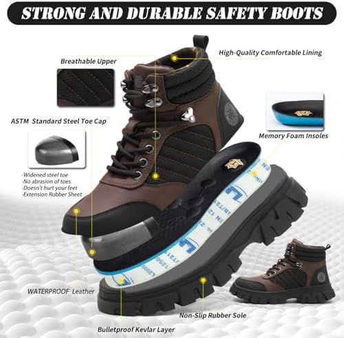 KELODON Waterproof Steel Toe Boots For Men-6 Inch Comfortable Mens Safety Work Boots Indestructible Steel Toe Shoes Lightweight Non Slip Puncture Resistant Industrial Construction Boot