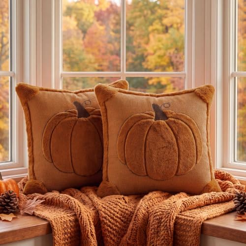 Softalker Fall Throw Pillow Covers 20x20 Set of 2 Rust Orange Pumpkin Plush