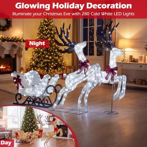 Tangkula 3-Piece Christmas Lighted Reindeer & Sleigh Set, Cold White