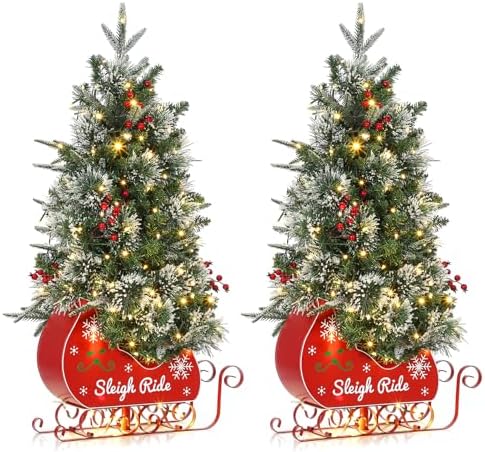 Garvee 3FT Christmas Tree,Pre-Lit Artificial Christmas Trees with Lights, Small Xmas Trees with Sleigh Base & 78 Warm White Lights, Christmas Decoration for Home, Office,2 PCS
