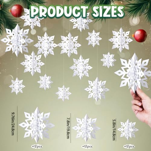 Snowflake Decorations, Paper Christmas Hanging Decor Indoor, White, 36-Pc