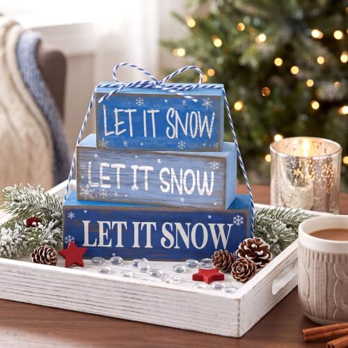 Lineshading 4 Pcs Christmas Table Decor - Blue Let It Snow Winter Decor