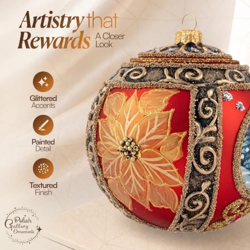 Polish Hand Blown Glass Christmas Ornaments Ball, Wintry Gold 5 in