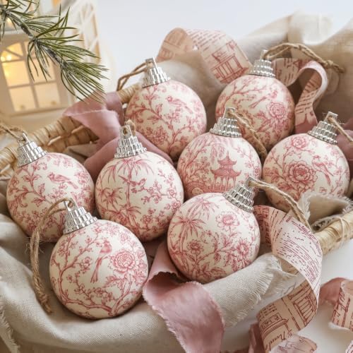 Outus 16Pcs Pink Toile De Jouy Chinoiserie Christmas Ball Tree Ornaments