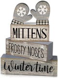 Lineshading 4 Pcs Winter Table Decorations Wooden Mittens Decor Winter Tiered Tray Decor Rustic Snowflake Mittens Block Signs Gift Farmhouse Christmas Centerpiece for Wonderland Party Kitchen Home