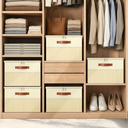 Shoe Organizer for Closet,2 Pack Foldable Shoe Storage Organizer Box Bin with Adjustable Dividers and Clear Cover, Fits up to 16-32 Pairs（Beige）