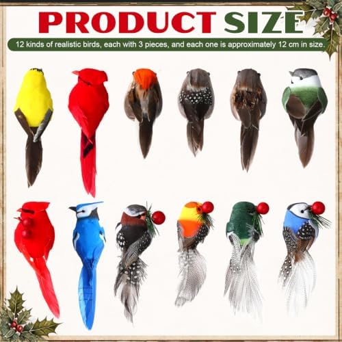 36 Pcs Clip on Bird Ornaments for Christmas Tree