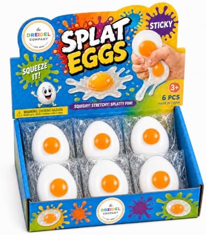 The Dreidel Company 6 Count White Sticky Egg Splat Balls - Soft Squishy Liquid Filled Yolk Stress Relief Fidget Toys, Novelty Party Favors and Goodie Bag Fillers