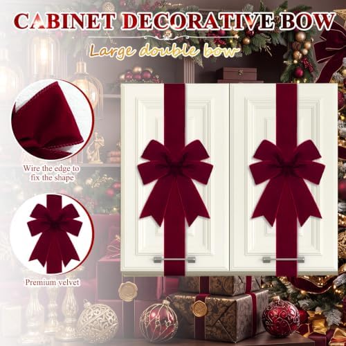 Daifunli 6 Pcs Dark Red Velvet Christmas Cabinet Bows Ribbons for Kitchen