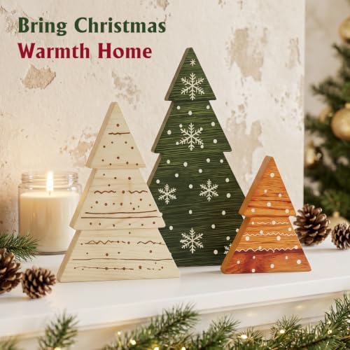 KLYRO Christmas Decor, 3Pcs Wooden Tabletop Christmas Tree Decorations Sign