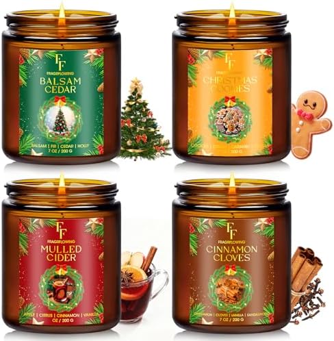 Christmas Candles Set, Scented Candles for Home, 4 Pack Holiday Natural Soy Candles, Christmas Gift for Women Men, Festival Fragrance of Balsam Cedar/Cookies/Mulled Cider/Cinnamon