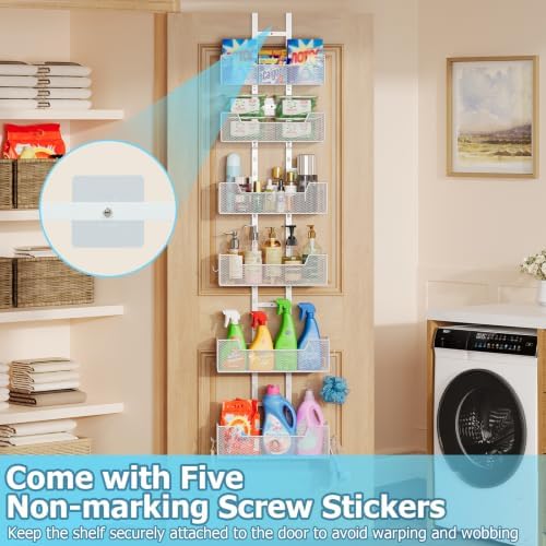 Hongtamoya Over The Door Organizer, Metal Hanging Door Organizer with 6 Adjustable Baskets and 5 Hooks, Behind The Door Storage for Closet Cabinet Kitchen Bathroom Bedroom Pantry Door Organizer, White