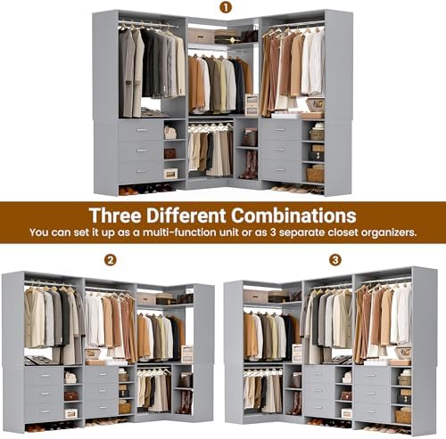 Aheaplus Closet System with 6 Drawers, 4 Hanging Rods & Corner Tower, Corner Closet System with Hanging,92.6" L-Shaped Walk-In Wardrobe Organizer, 2000+ lbs Capacity, Set of 3, Grey