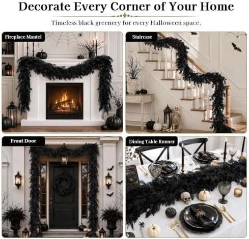 Halloween Garland 8.9FT Decorations Black Real Touch Cedar Cypress Pine Plant Artificial Halloween Garland for Mantle, Fireplace, Table, Stairs, Door, Porch, Indoor Outdoor Decorations, Black