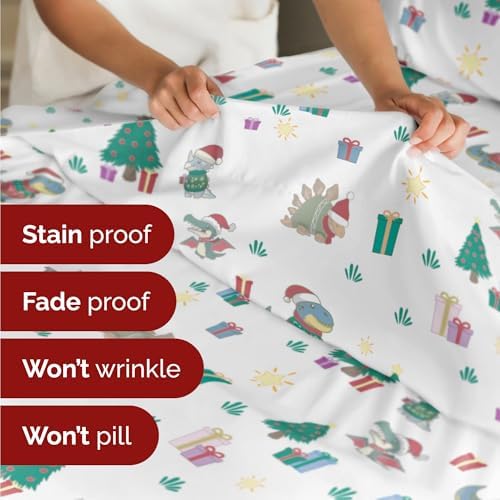 Christmas Sheet Set, Christmas Dinos, Holiday Xmas Bedding Set - Cal King