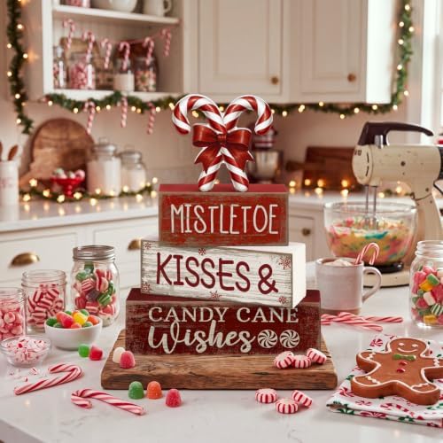 Lineshading 4 Pcs Christmas Table Decorations Wooden Candy Cane Decor Christmas Centerpiece Rustic Winter Tiered Tray Decor Red and White Candy Cane Block Signs Gift Xmas Decoration for Home Decors