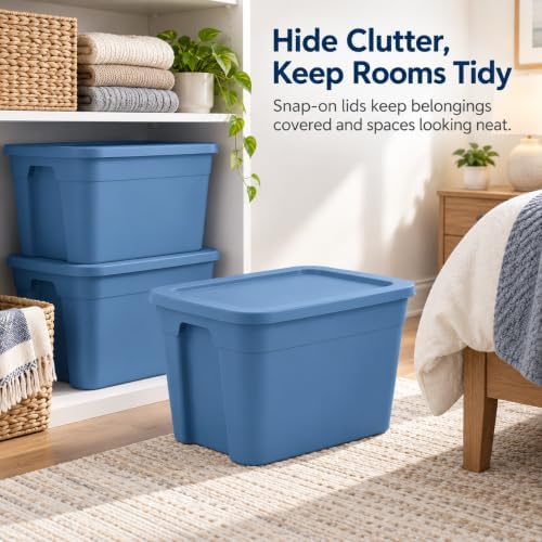 4-Pack 18 Gallon Tote, Stackable Storage Bin with Snap-on Lid, Blue