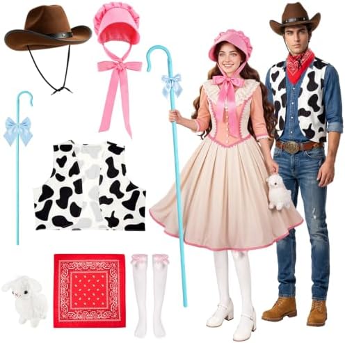 7Pcs Halloween Costumes for Couples, Shepherdess & Cowboy Costume