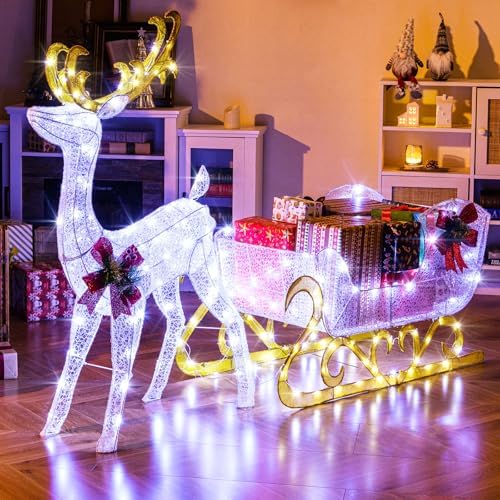 Tangkula 6 FT Christmas Lighted Reindeer & Santa’s Sleigh Set, Cold White