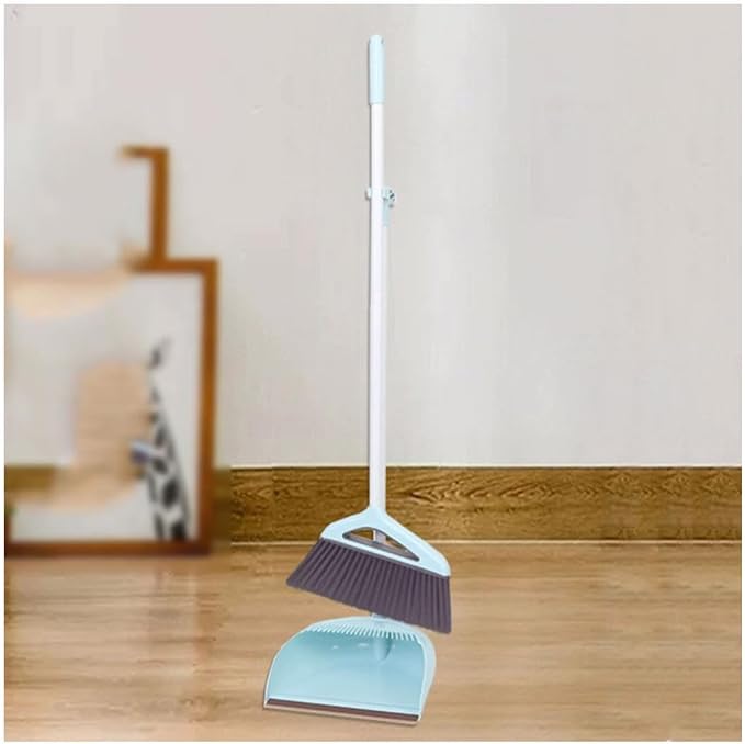 Modern Standing Dustpan and Broom Set for Home Self-Cleaning with Dustpan Teeth and Broom Long Handled Convenient, B Blue 2 Pcs