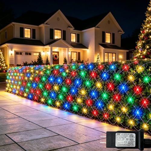 Lovelite 610LED Net Lights, 34.5ft x 5ft Christmas Net Lights Outdoor 8 Modes, Waterproof Connectable String Lights Green Wire Plug in for Bushes Xmas Tree Garden Holiday Party Decor - Multicolor